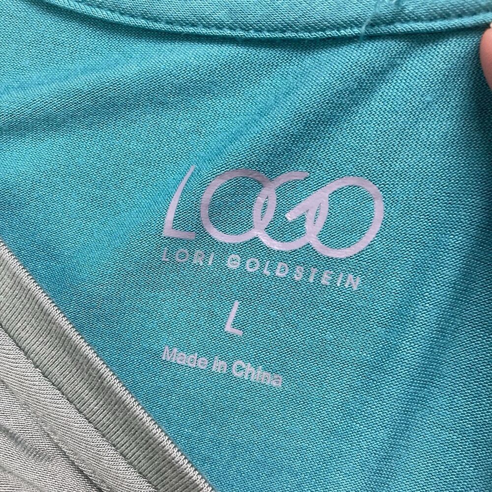 LOGO by Lori Goldstein Tunic Shirt Sz Large Sharkbite Hem Teal Green Knit Layers - Picture 2 of 9